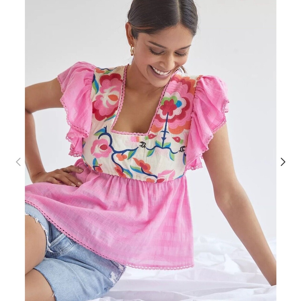 Anthropologie Plenty by Tracy Reese Pink Embroidered Babydoll Blouse